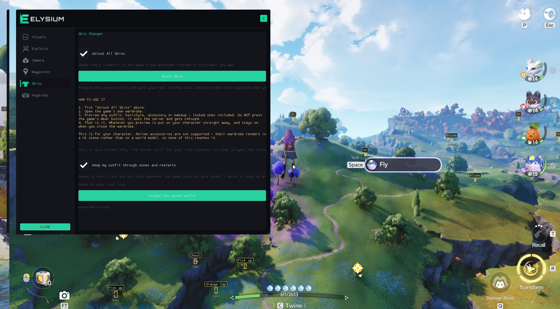 Aniimo cheat skins menu with unlock all skins